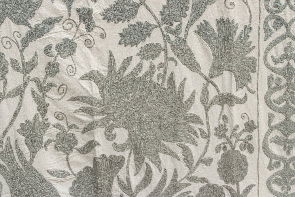 Exquisite Pearl Tone Hand-Embroidered Suzani Throw