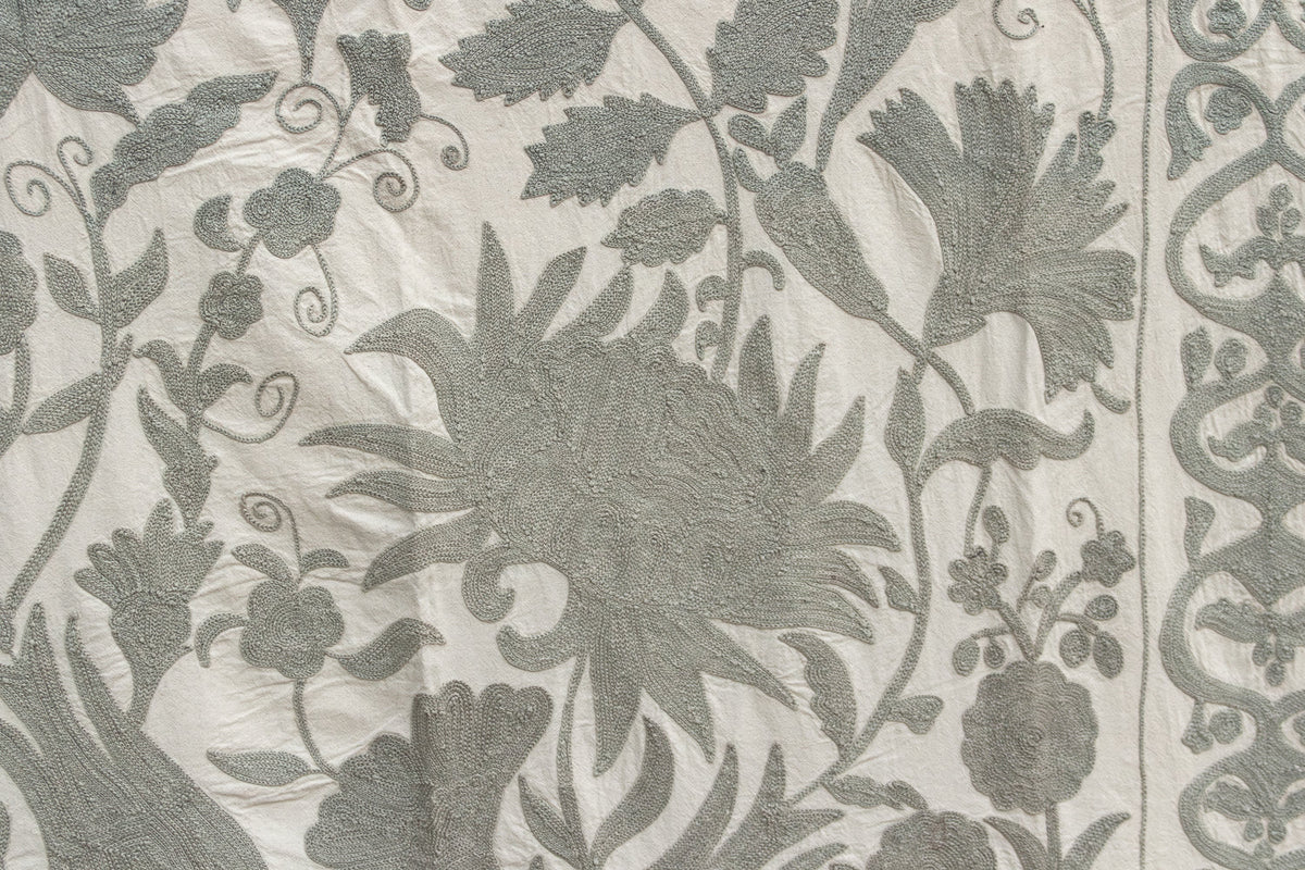 Exquisite Pearl Tone Hand-Embroidered Suzani Throw