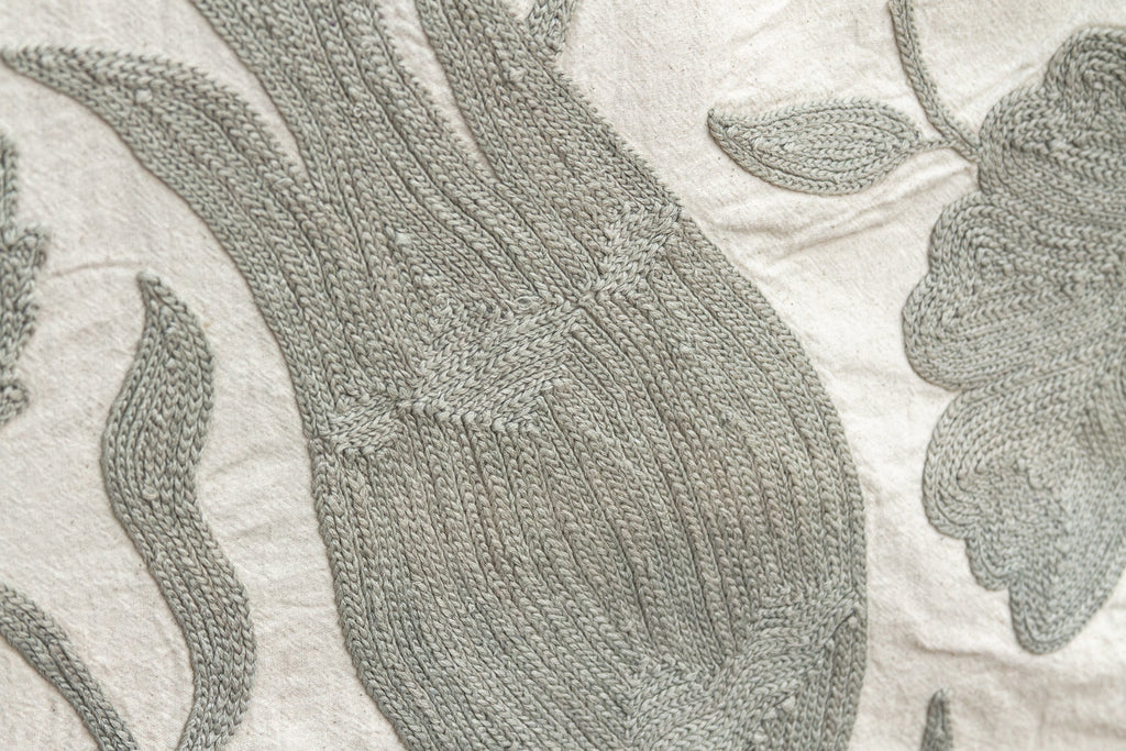 Exquisite Pearl Tone Hand-Embroidered Suzani Throw