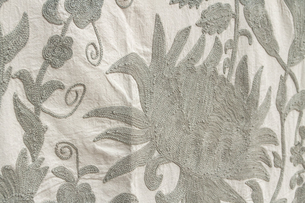 Exquisite Pearl Tone Hand-Embroidered Suzani Throw