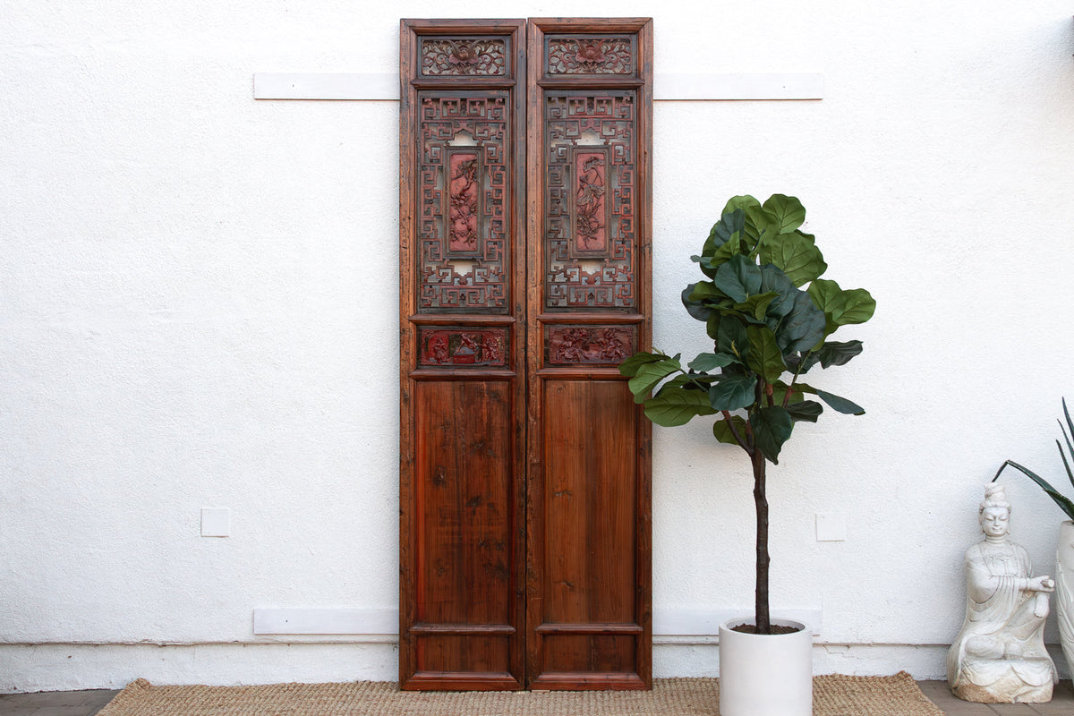 Monumental 103" Tall Chinese Lattice Door Screens, A Pair