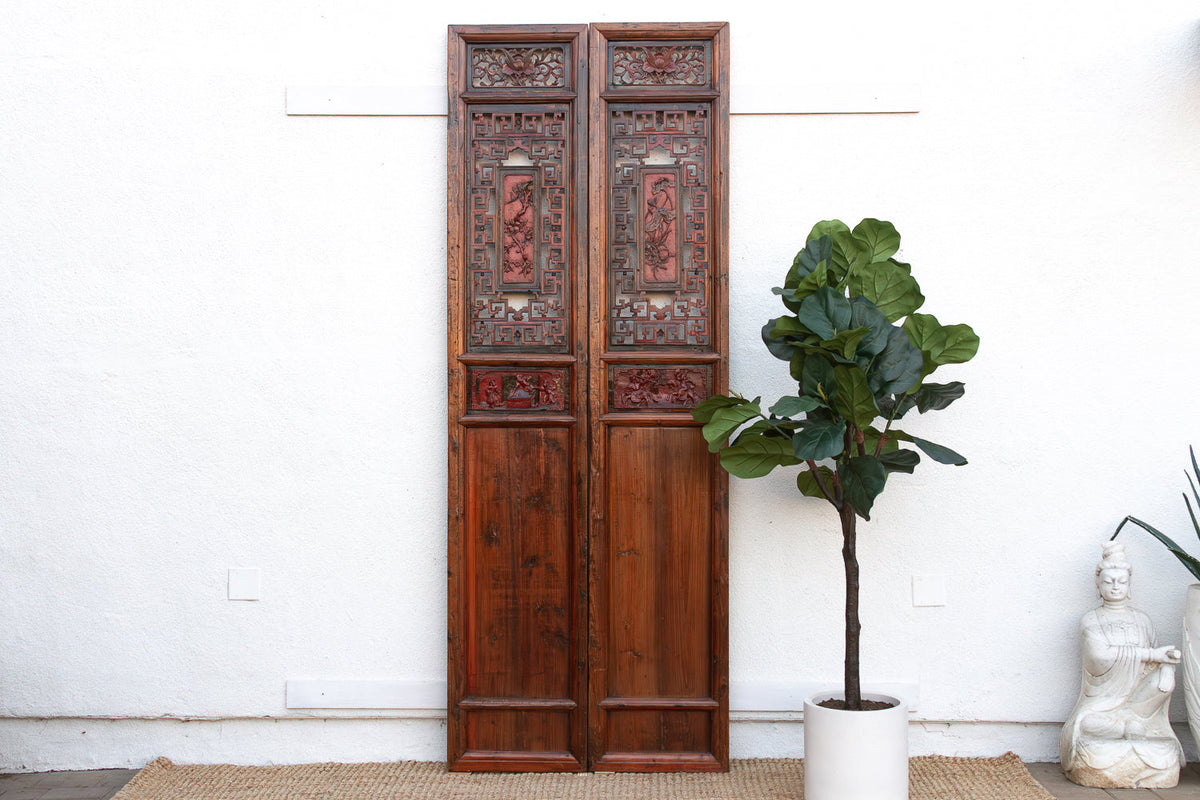 Monumental 103" Tall Chinese Lattice Door Screens, A Pair