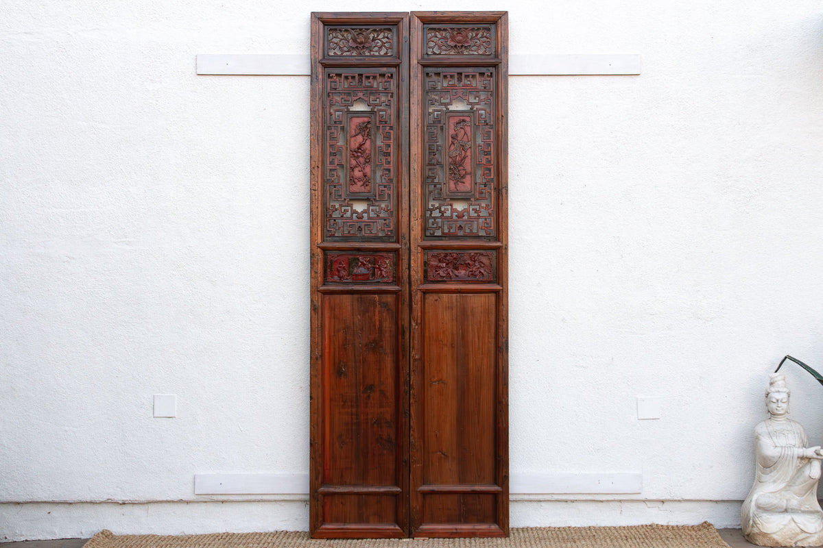 Monumental 103" Tall Chinese Lattice Door Screens, A Pair