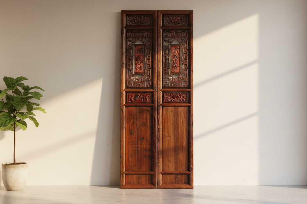 Monumental 103" Tall Chinese Lattice Door Screens, A Pair