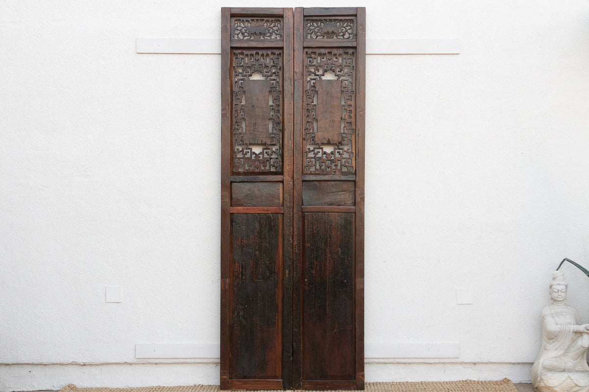 Monumental 103" Tall Chinese Lattice Door Screens, A Pair