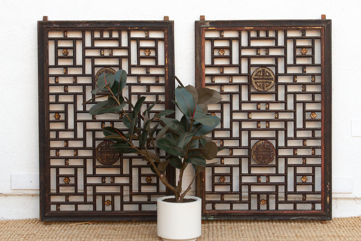 Pair of Large Finely Carved "Shou" Lattice Screens