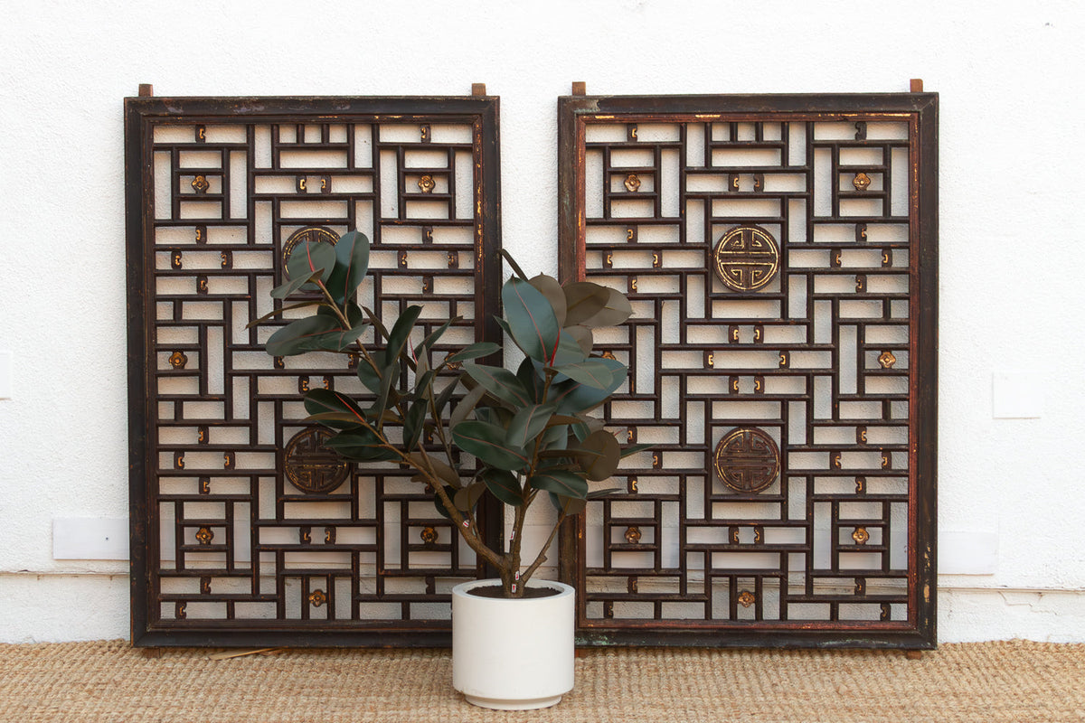 Pair of Large Finely Carved "Shou" Lattice Screens