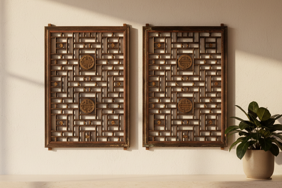 Pair of Large Finely Carved "Shou" Lattice Screens