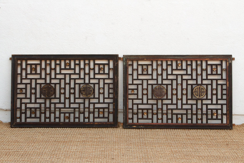 Pair of Large Finely Carved "Shou" Lattice Screens