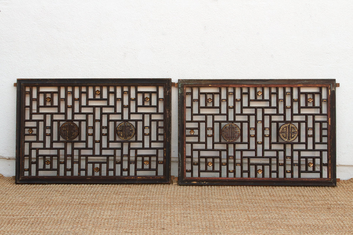 Pair of Large Finely Carved "Shou" Lattice Screens