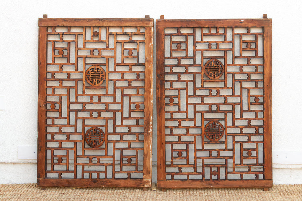 Pair of Large Finely Carved "Shou" Lattice Screens