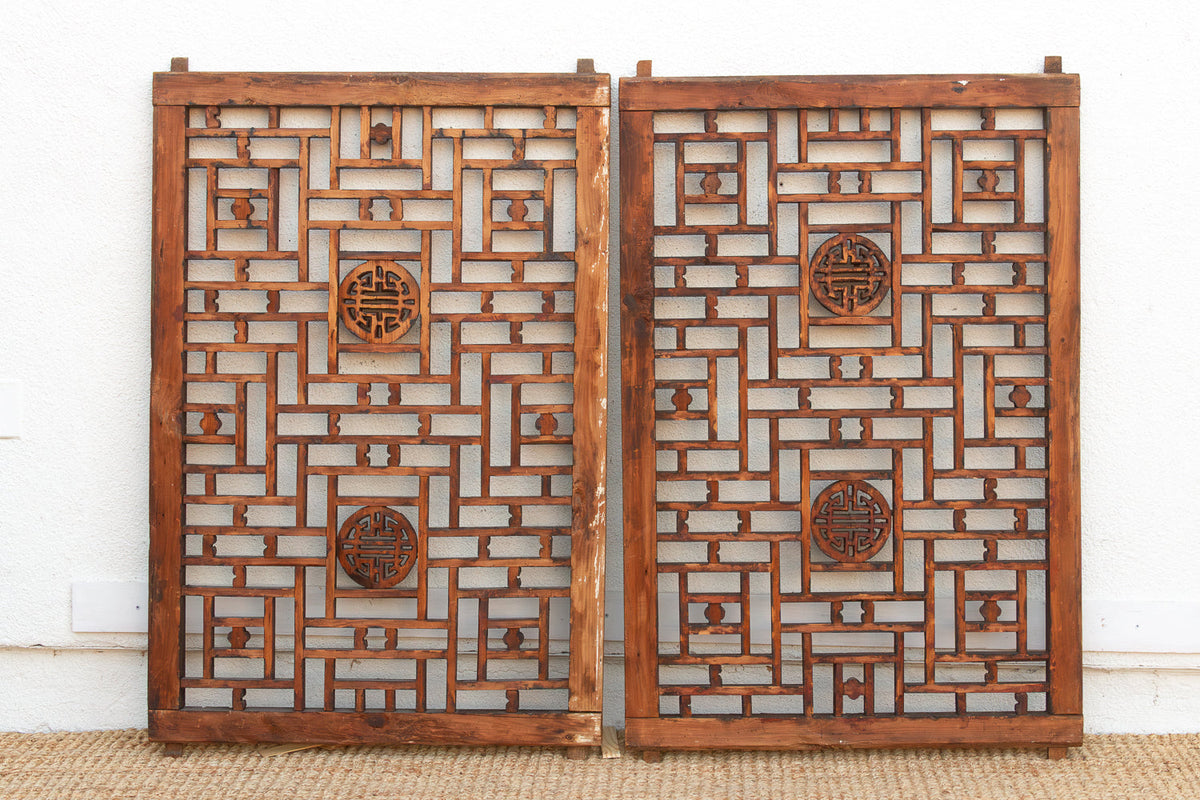 Pair of Large Finely Carved "Shou" Lattice Screens