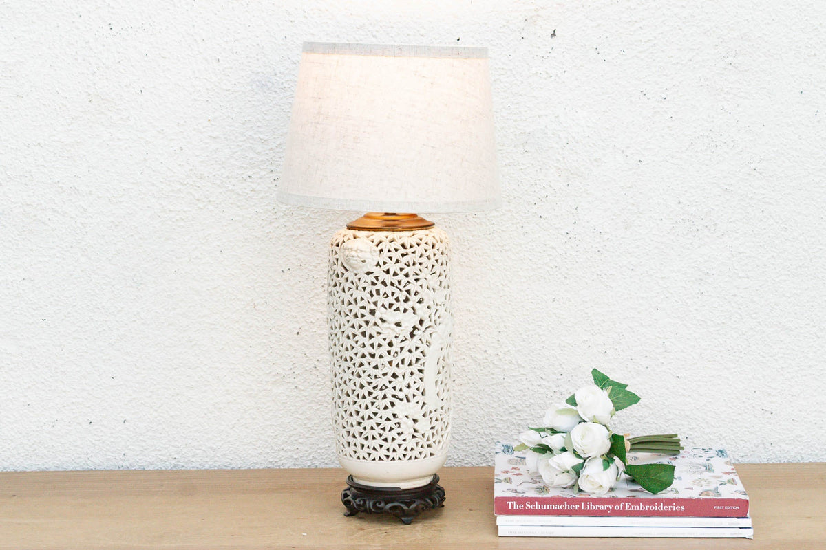 Alabaster White Lattice Bloom Porcelain Lamp