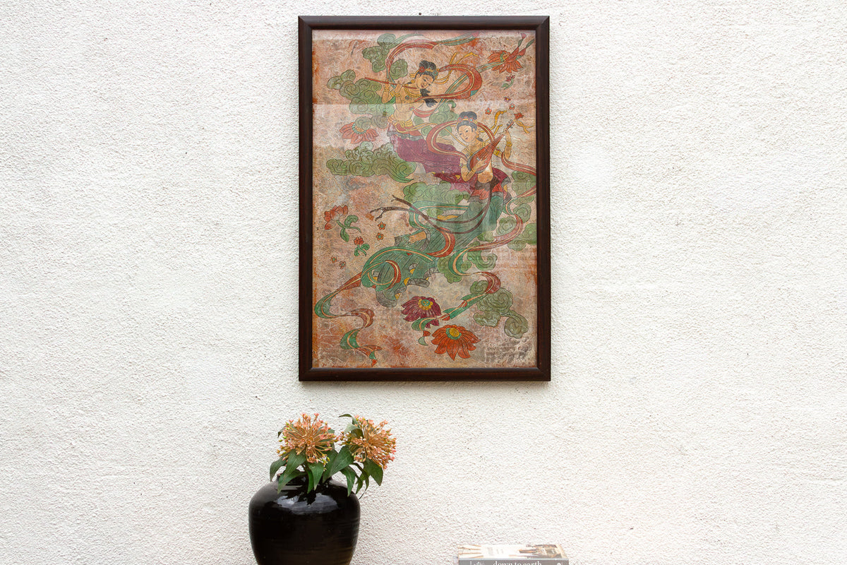 Framed Fresco Style Chinese Mural Fragment Art
