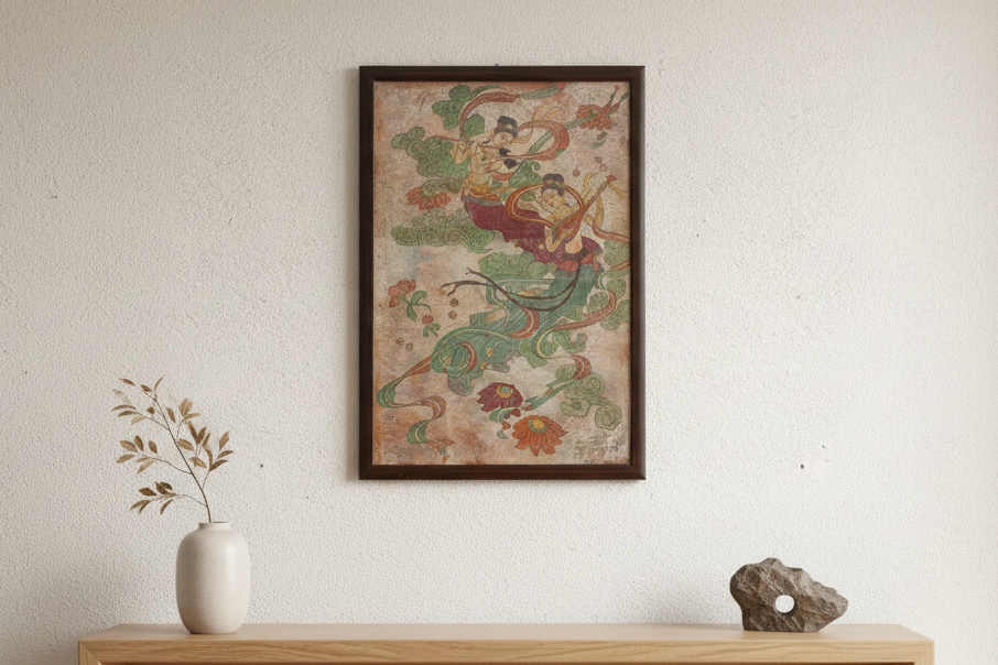 Framed Fresco Style Chinese Mural Fragment Art