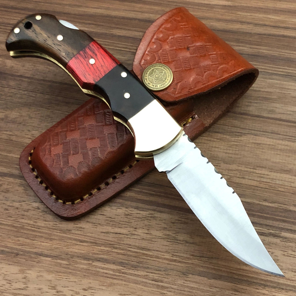KBS Knives Store Exquisite D2 Steel Utility Folding Pocket Knife with Rosewood-Exotic Pakka Wood Handle and Leather Case