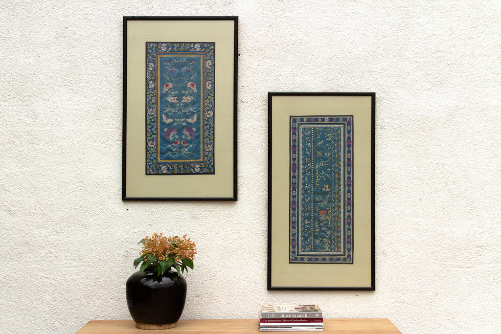 Pair of Qing Dynasty Teal Blue Silk Embroidered Panels