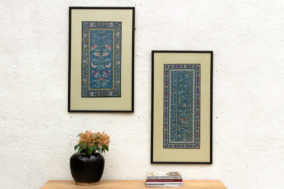 Pair of Qing Dynasty Teal Blue Silk Embroidered Panels