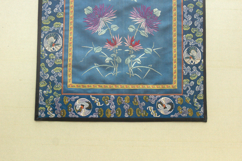 Pair of Qing Dynasty Teal Blue Silk Embroidered Panels