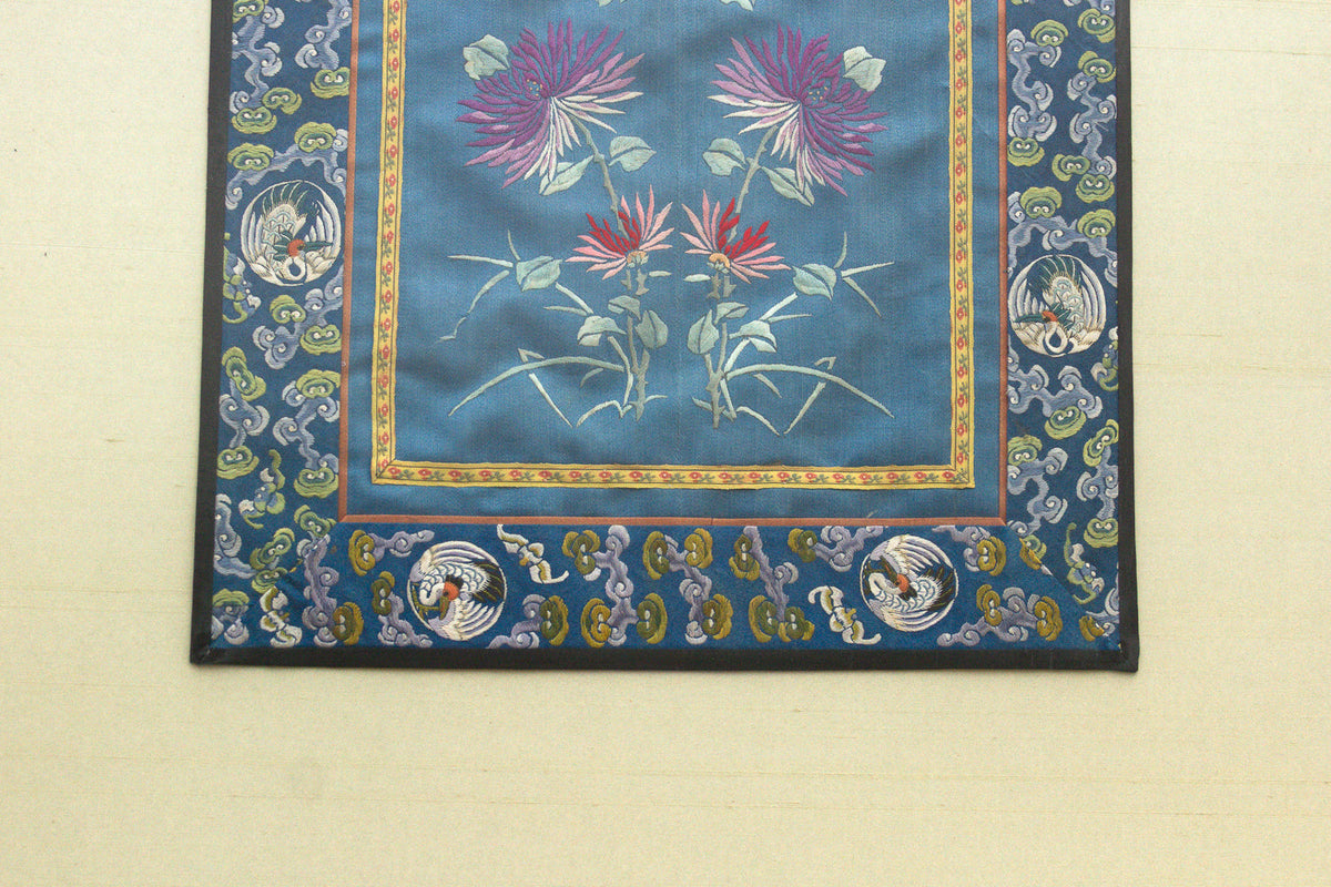 Pair of Qing Dynasty Teal Blue Silk Embroidered Panels