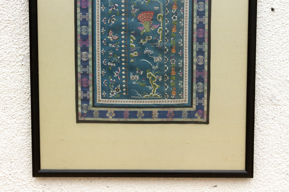 Pair of Qing Dynasty Teal Blue Silk Embroidered Panels