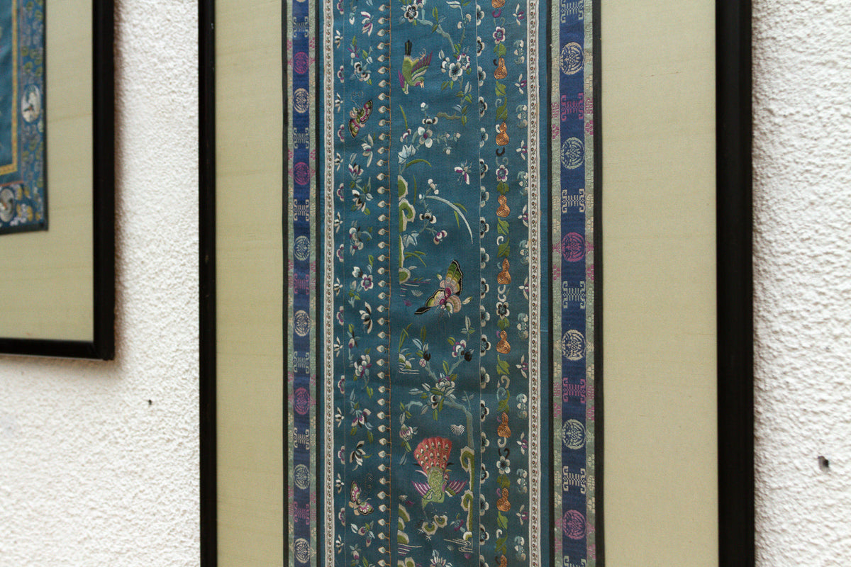 Pair of Qing Dynasty Teal Blue Silk Embroidered Panels