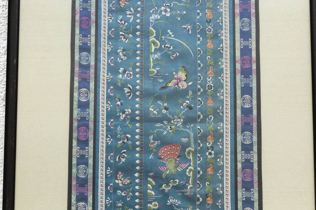 Pair of Qing Dynasty Teal Blue Silk Embroidered Panels