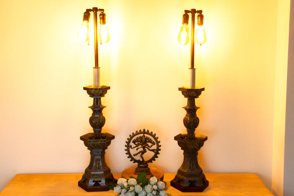 Pair of Antique Pewter Temple Candle Holder Lamps