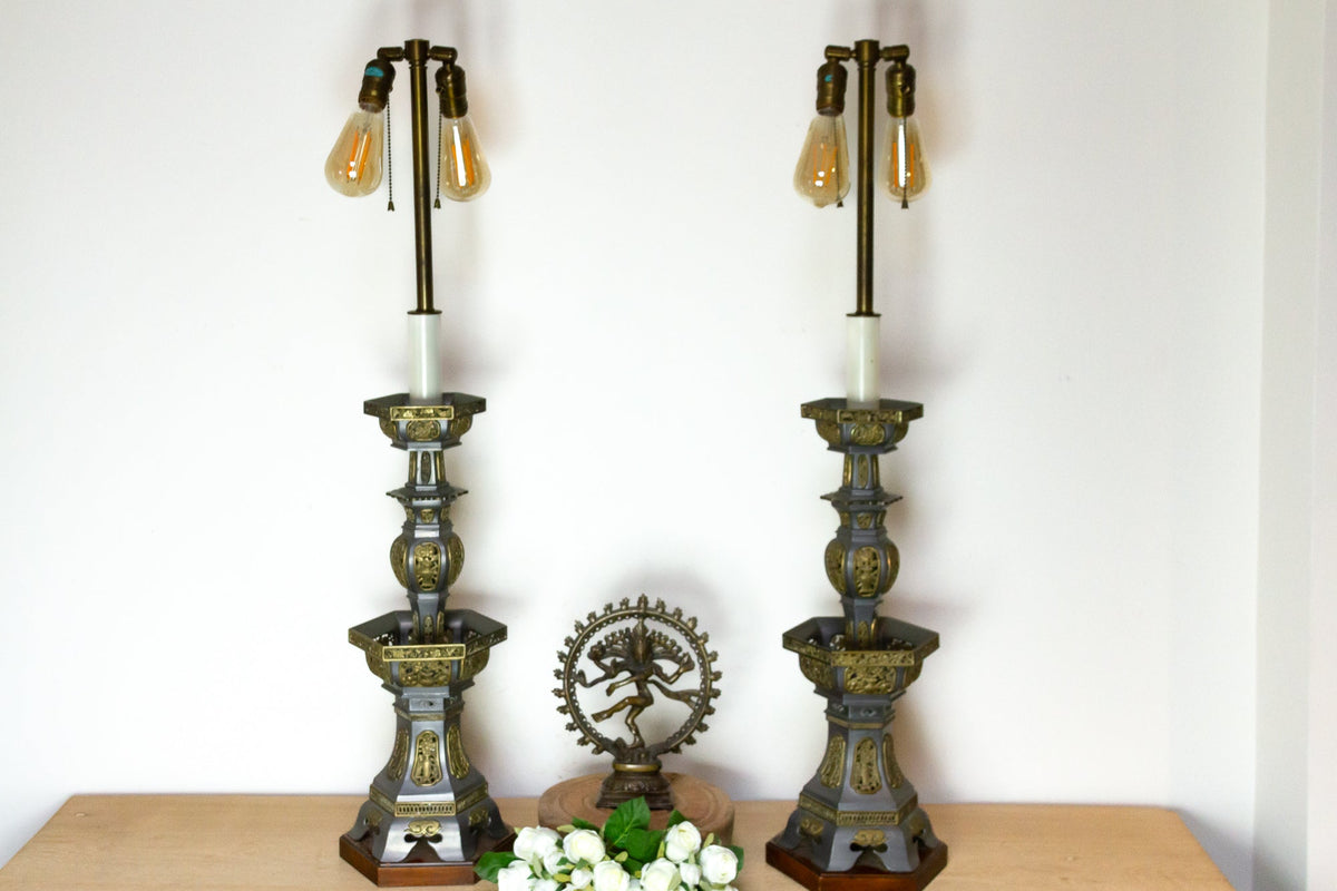 Pair of Antique Pewter Temple Candle Holder Lamps
