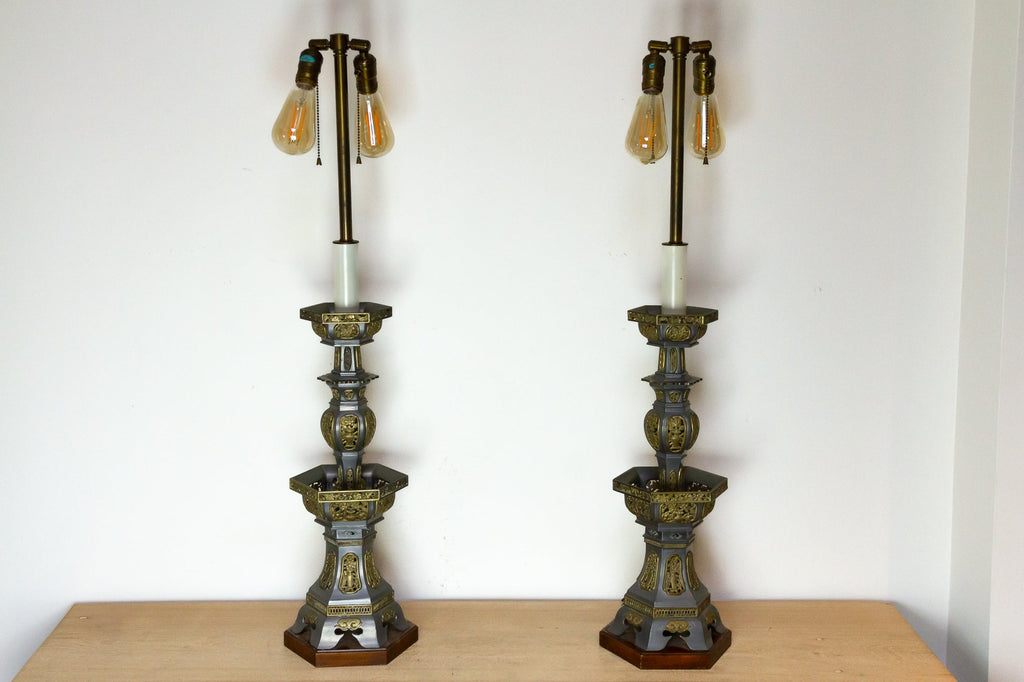 Pair of Antique Pewter Temple Candle Holder Lamps