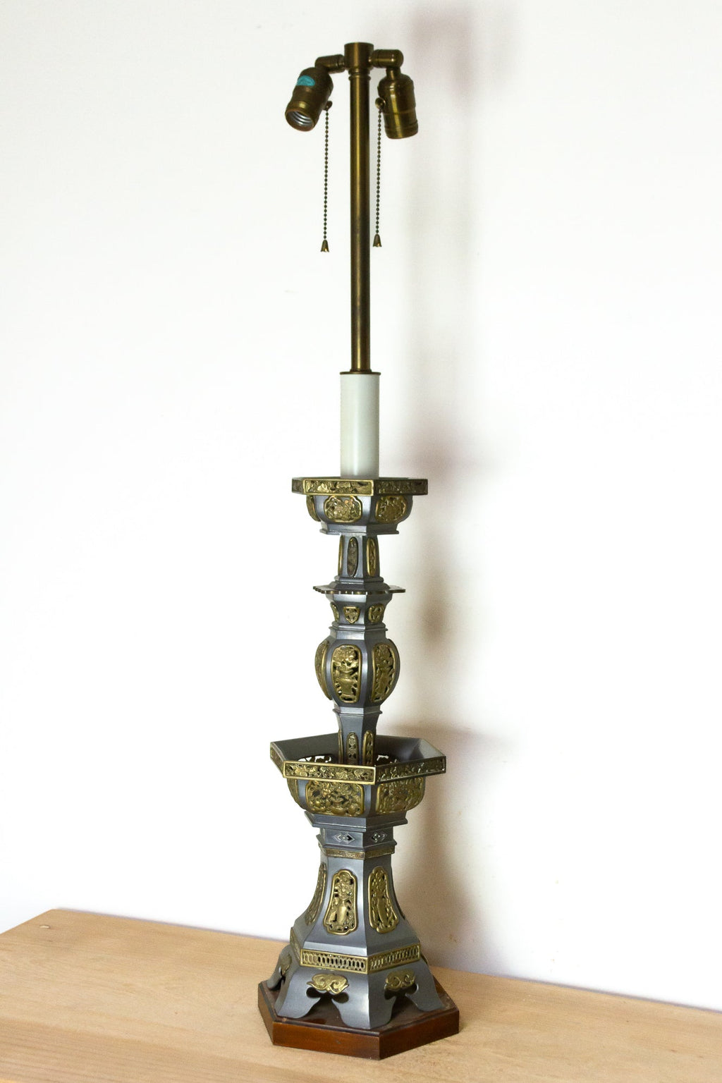 Pair of Antique Pewter Temple Candle Holder Lamps