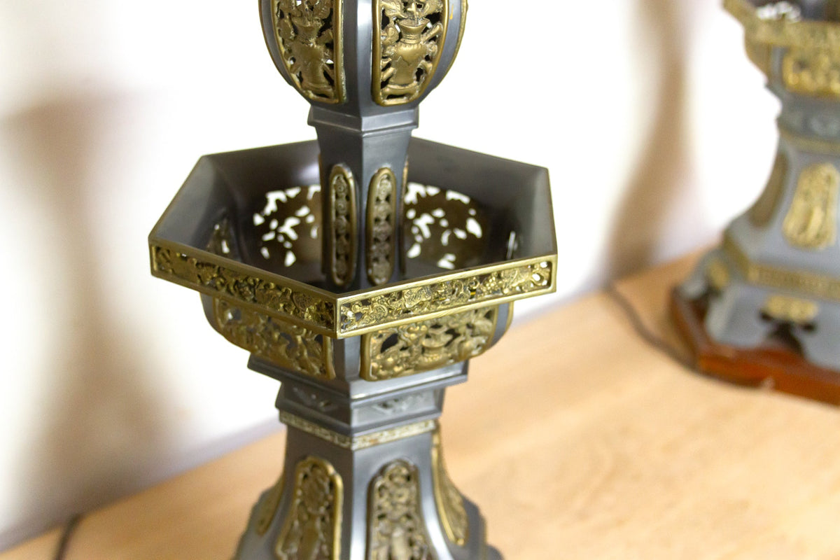 Pair of Antique Pewter Temple Candle Holder Lamps