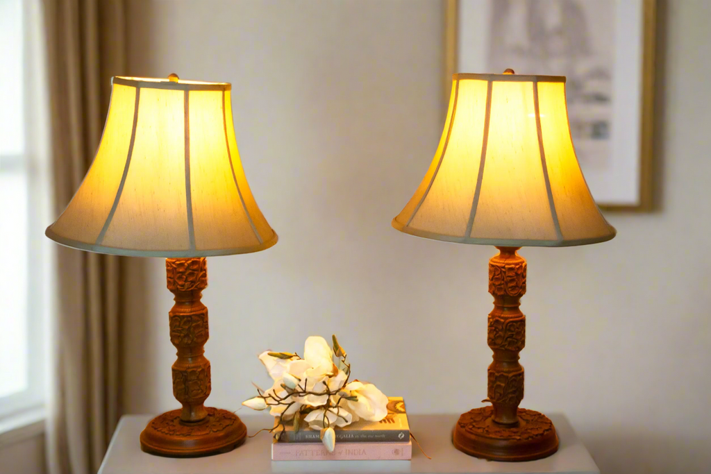 Pair of Hand-carved Kashmiri Wood Lamps