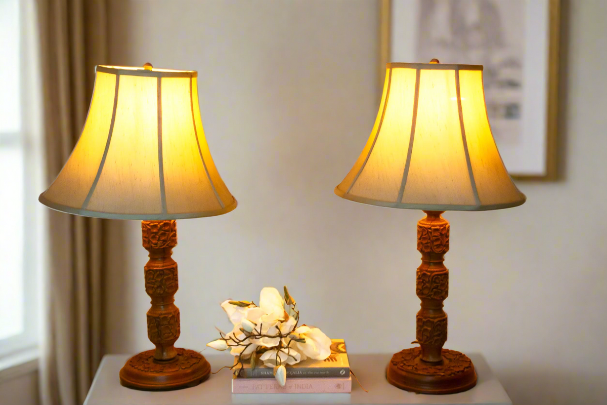 Pair of Hand-carved Kashmiri Wood Lamps