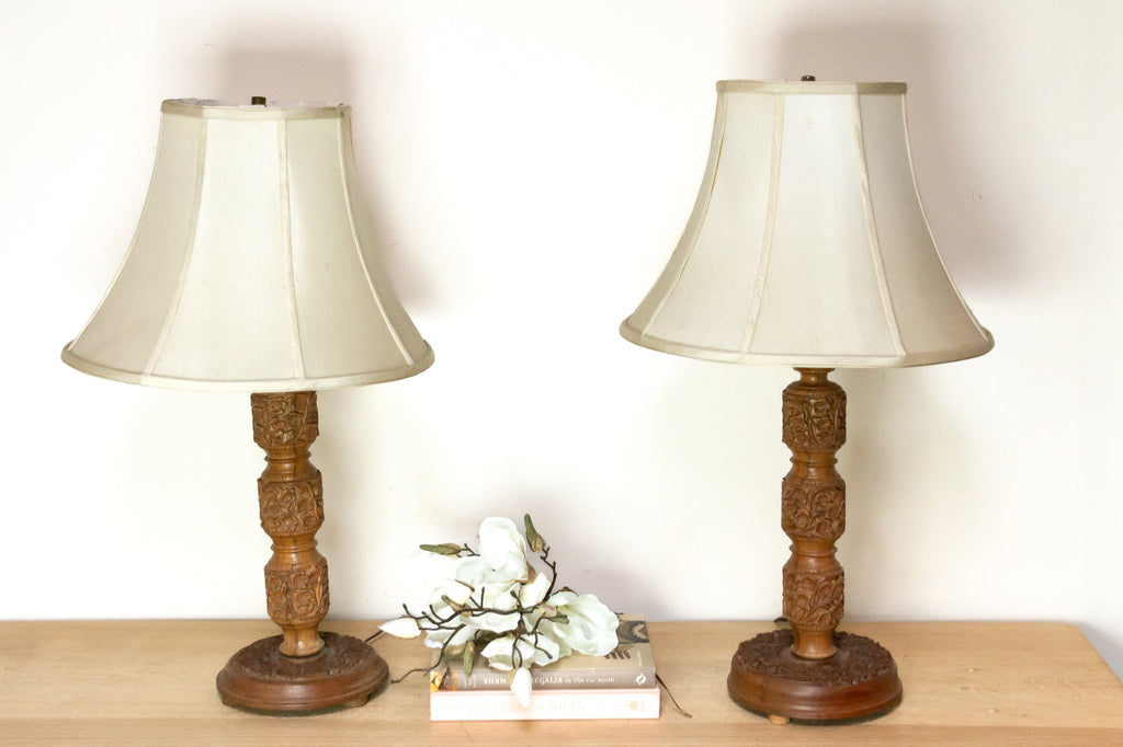 Pair of Hand-carved Kashmiri Wood Lamps