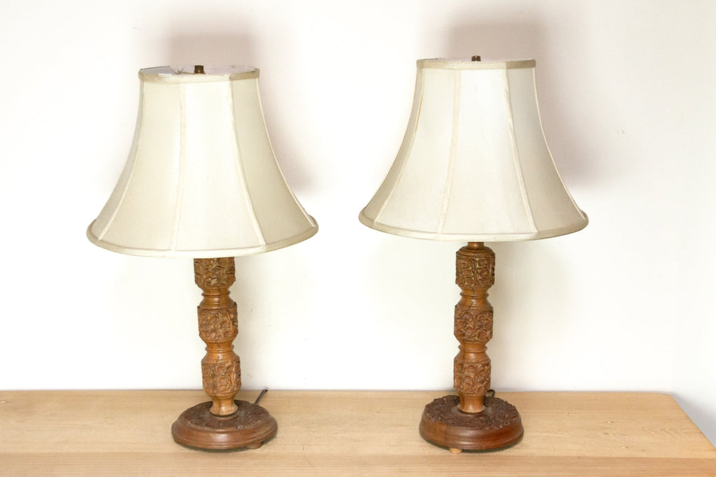 Pair of Hand-carved Kashmiri Wood Lamps