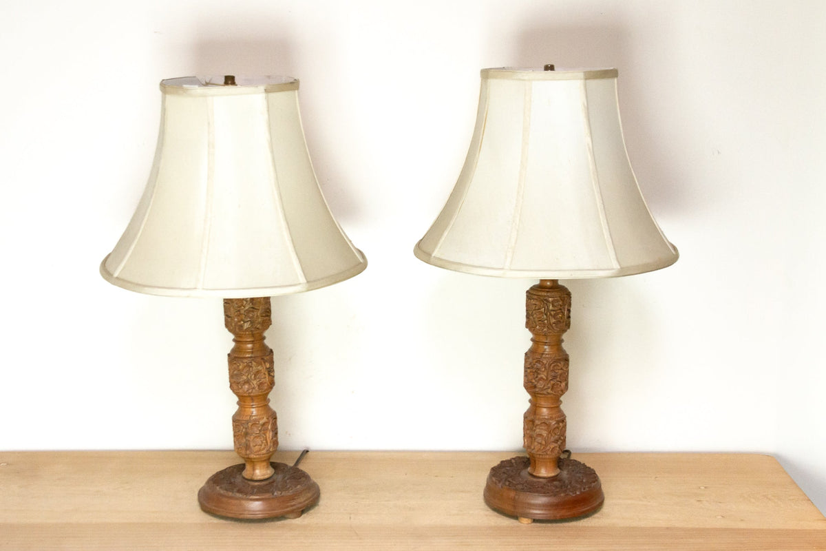 Pair of Hand-carved Kashmiri Wood Lamps