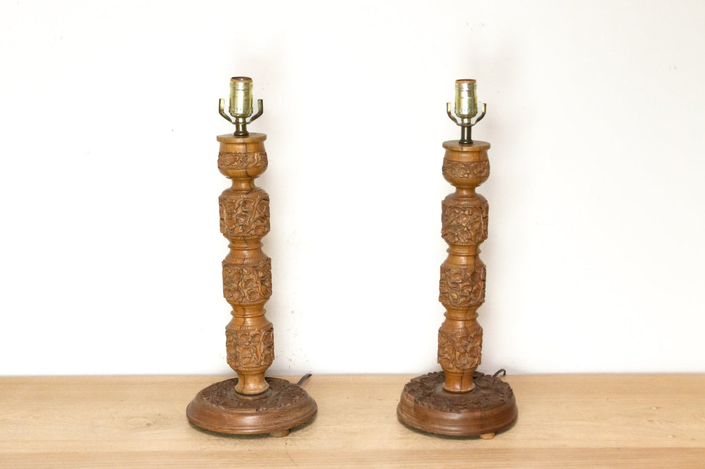 Pair of Hand-carved Kashmiri Wood Lamps