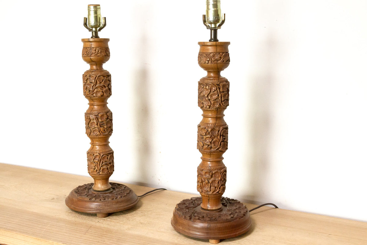 Pair of Hand-carved Kashmiri Wood Lamps