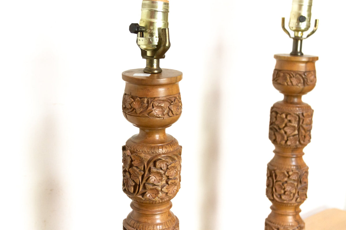 Pair of Hand-carved Kashmiri Wood Lamps