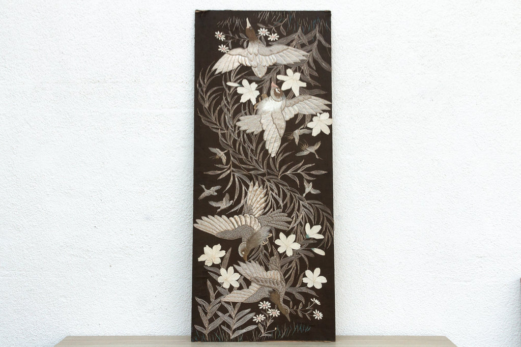 Mid-Century Embroidered Flying Birds Textile Art