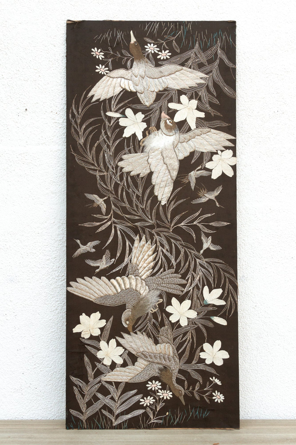 Mid-Century Embroidered Flying Birds Textile Art
