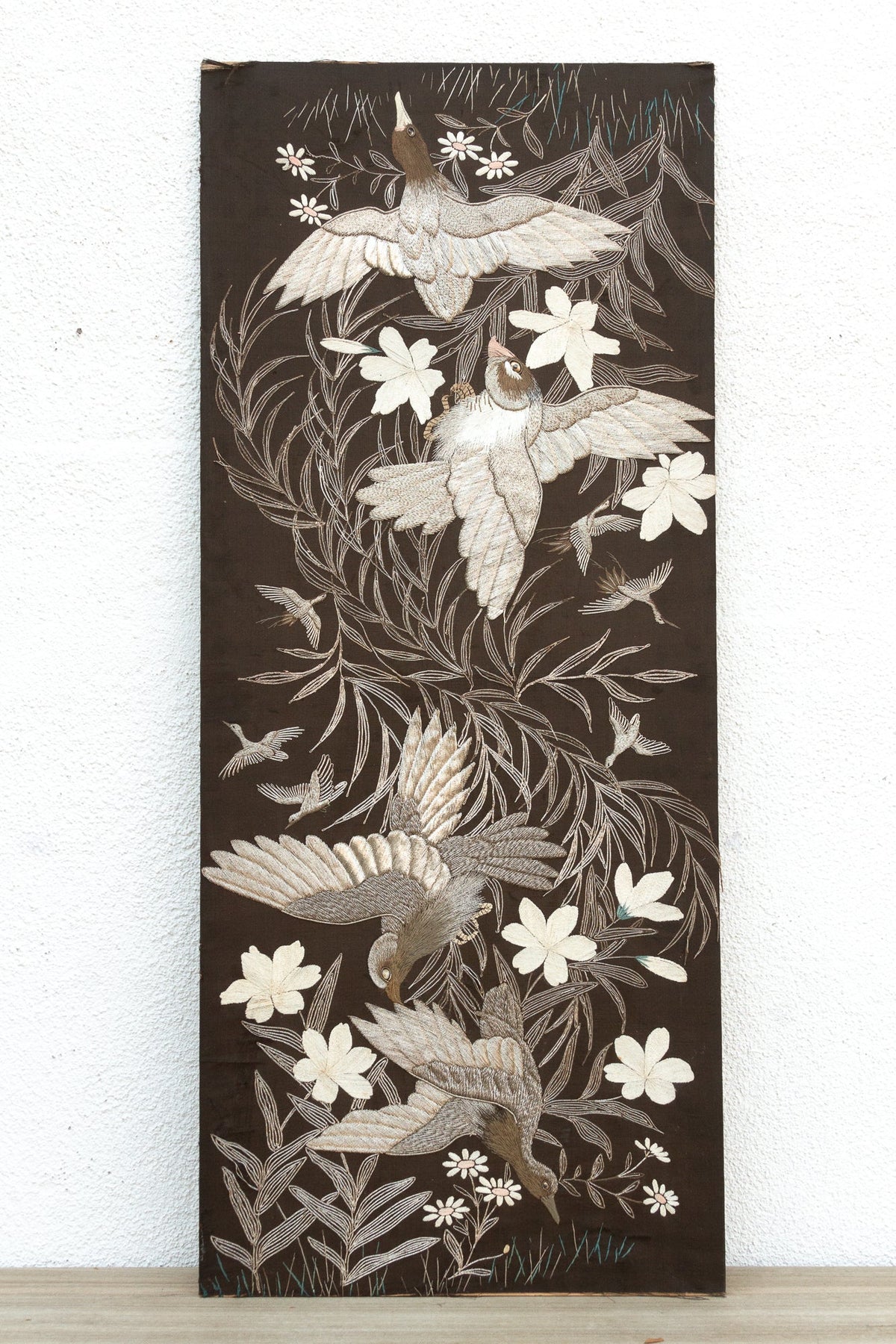 Mid-Century Embroidered Flying Birds Textile Art