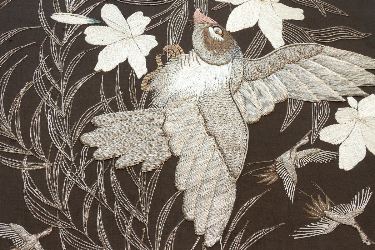 Mid-Century Embroidered Flying Birds Textile Art