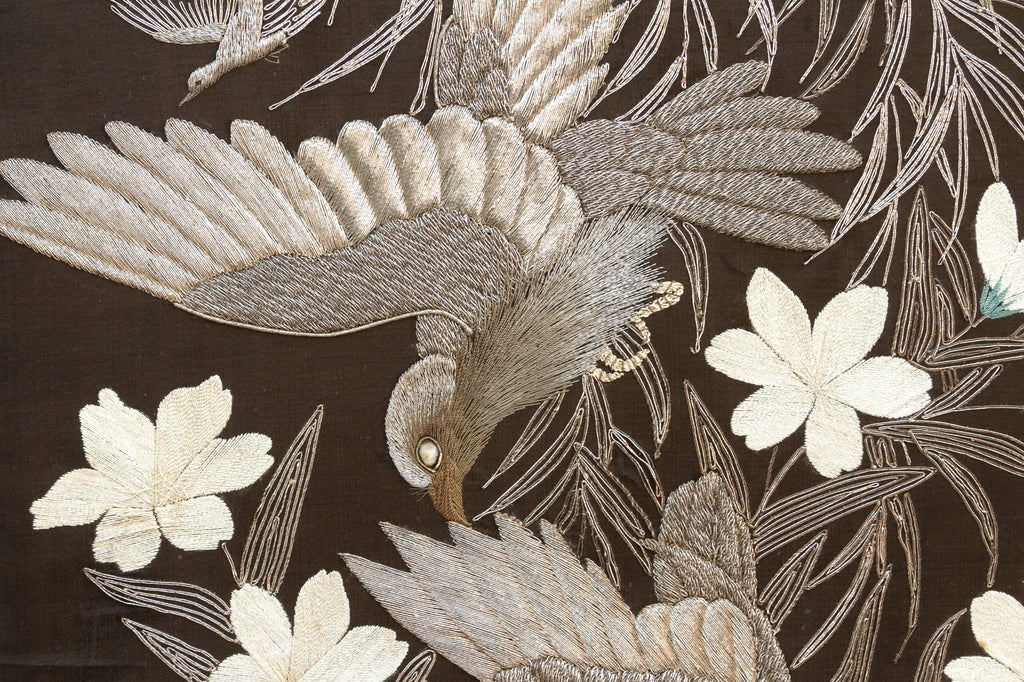 Mid-Century Embroidered Flying Birds Textile Art