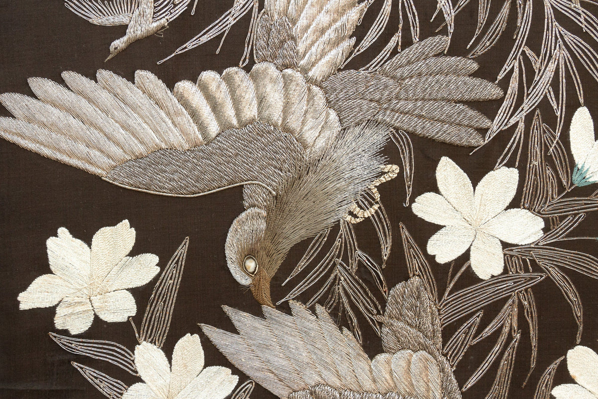 Mid-Century Embroidered Flying Birds Textile Art
