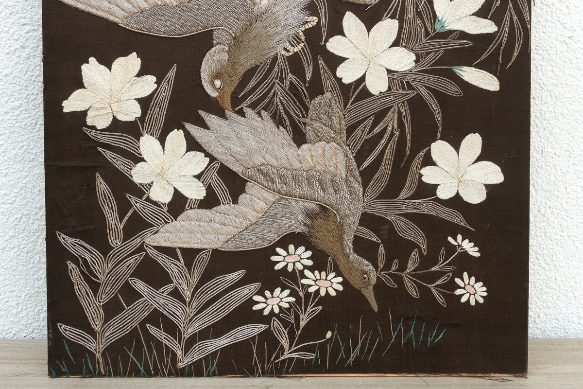Mid-Century Embroidered Flying Birds Textile Art