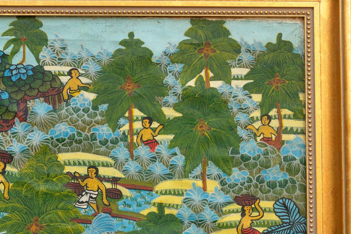 Vibrant Balinese Framed Harvest Painting