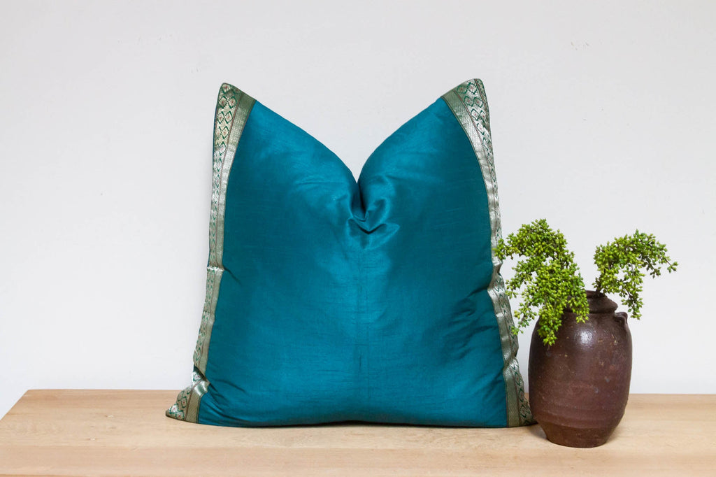 Teal Festive Silk Euro Pillow Cover