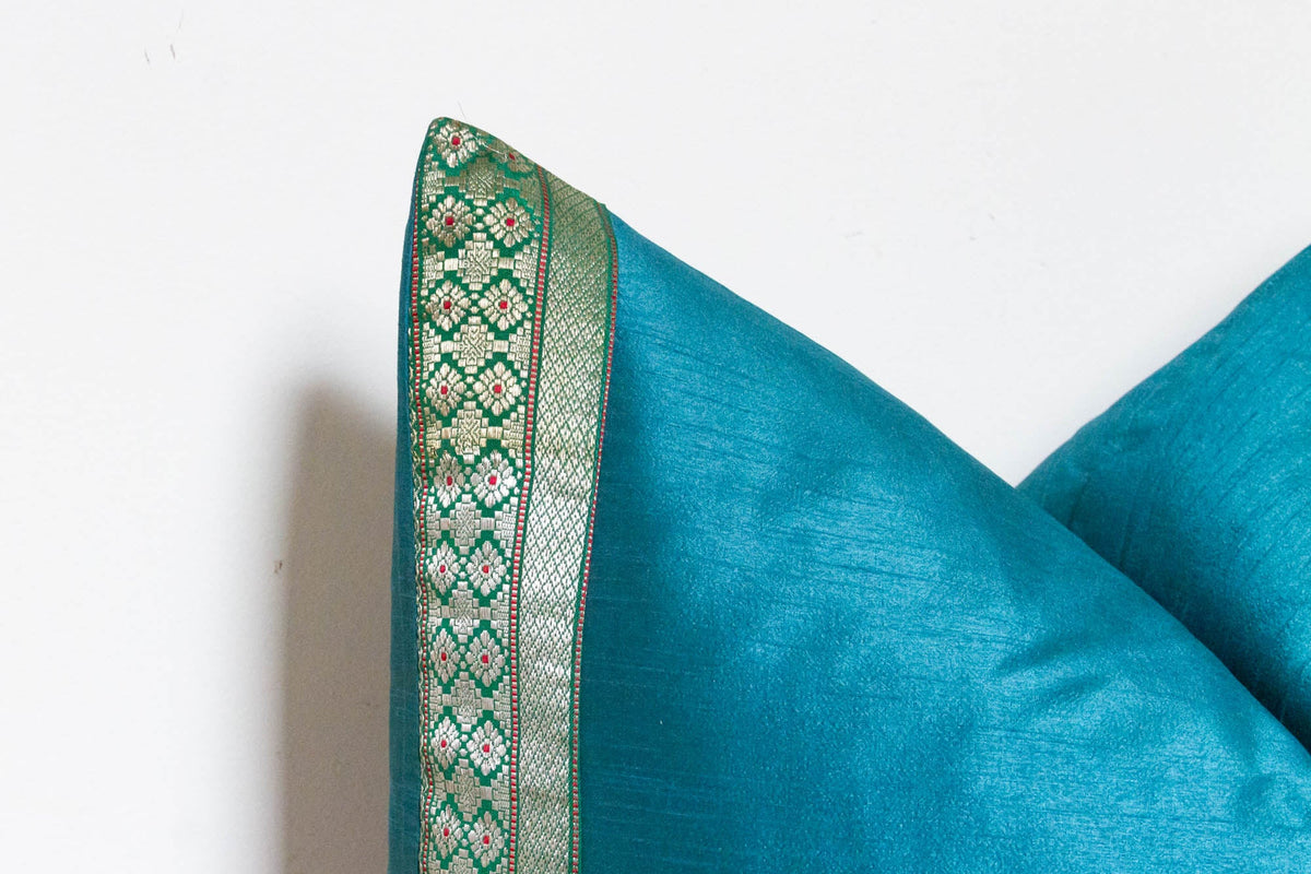 Teal Festive Silk Euro Pillow Cover